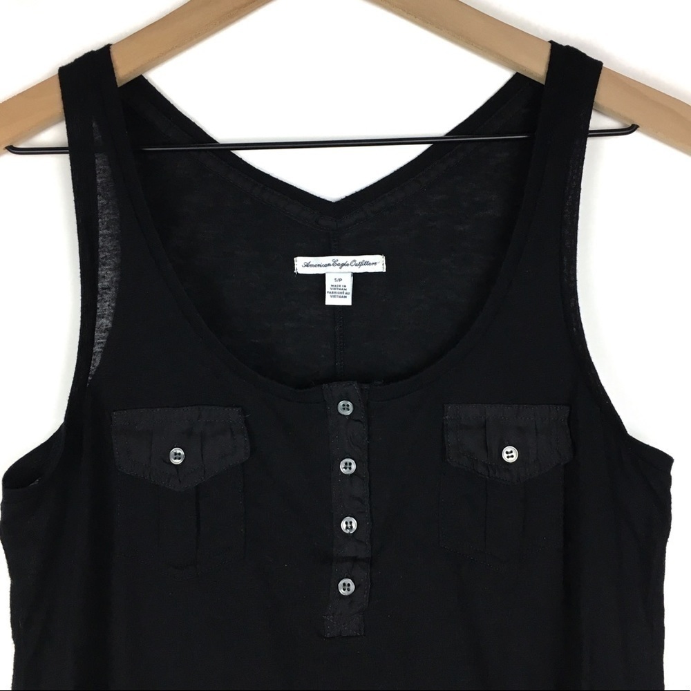 AMERICAN EAGLE Tank Top Henley Button Details Solid Black Minimalist Size Small - Picture 2 of 9